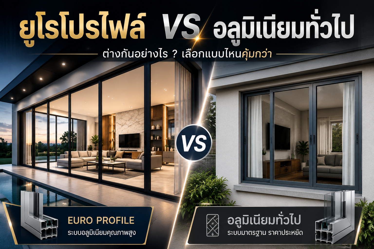 ยูโรโปรไฟล์ vs อลูมิเนียมทั่วไป เปรียบเทียบประตูหน้าต่างอลูมิเนียมสำหรับบ้านสมัยใหม่