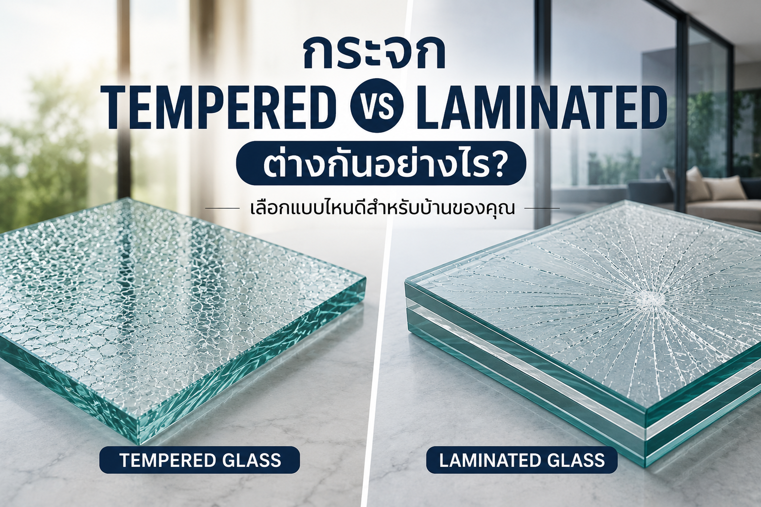 เปรียบเทียบกระจก Tempered กับ Laminated ต่างกันอย่างไร พร้อมภาพตัวอย่างกระจกทั้งสองชนิด
